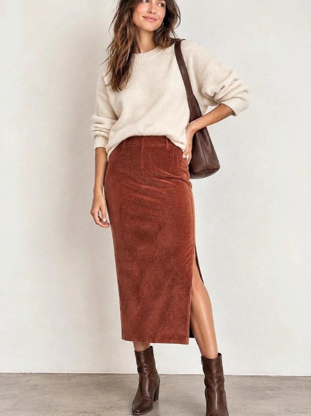 Free People Helen Rib Tube Midi Skirt Rust Corduroy XS EUC